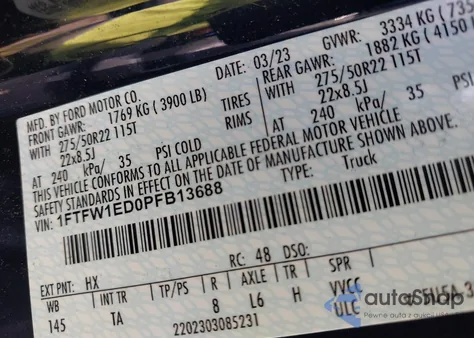 2023 Ford F-150 Limited from USA, damaged, VIN 1FTFW1ED0PFB13688